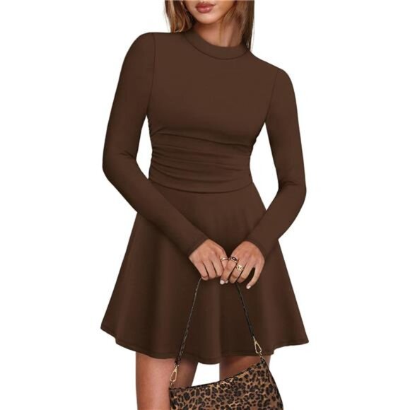 Long Sleeve Mini Dresses for Women Coffee - Picture 2 of 5